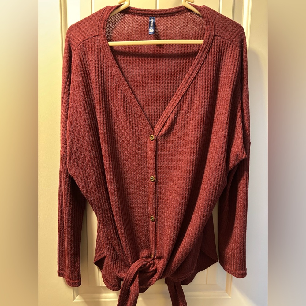 Women's V-Neck Button-Up Tie Blouse - Maroon